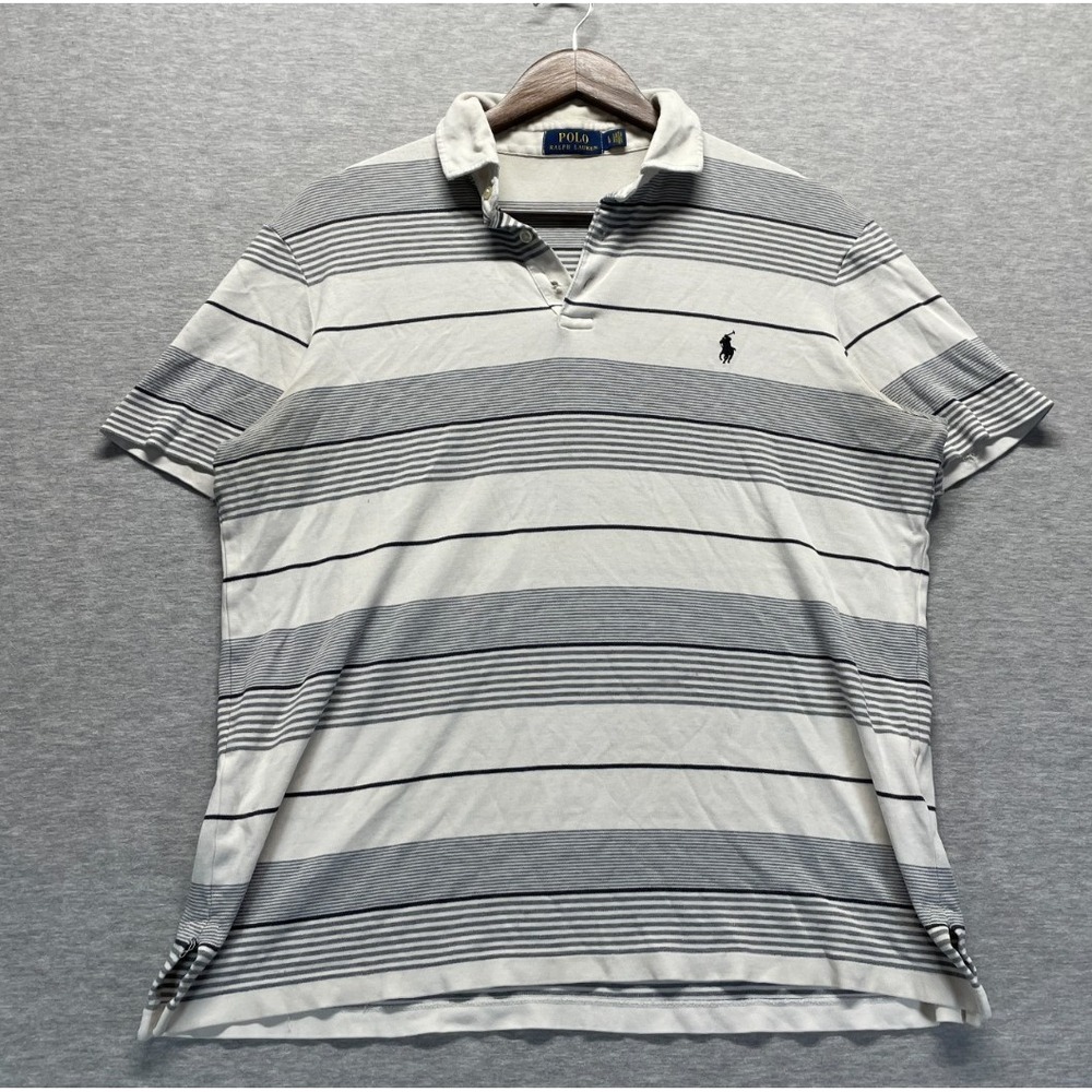 Polo Ralph Lauren Shirt Mens L Gray White Striped Cotton Pony Logo Golf Tennis